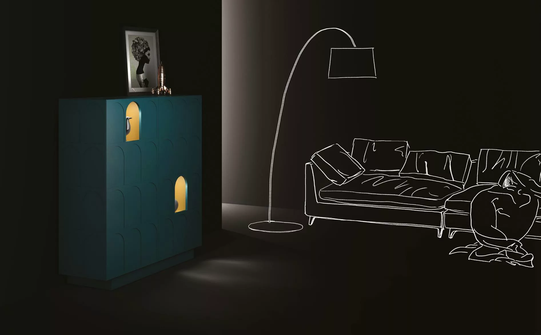 Meuble de rangement Minottiitalia bleu-vert à niches éclairées, dans une mise en scène de salon sur fond sombre