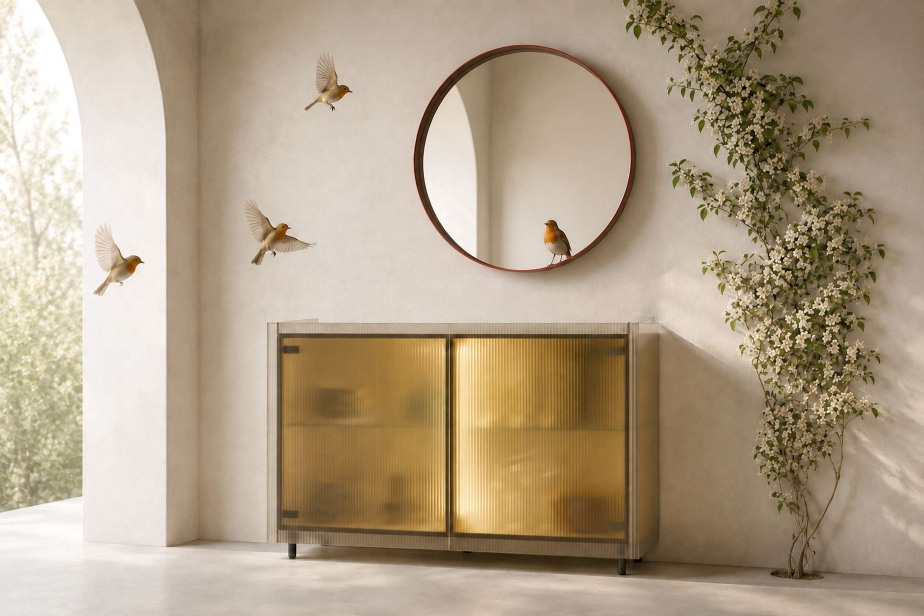 Buffet Minottiitalia à portes translucides ambrées sous un miroir rond, dans un intérieur clair